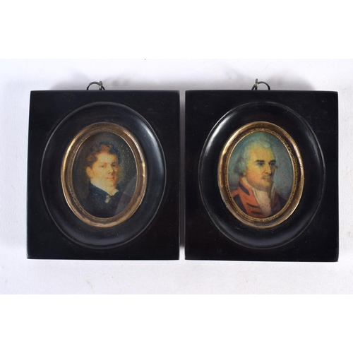 500 - A PAIR OF CONTEMPORARY PORTRAIT MINIATURES. 12 cm x 10 cm.