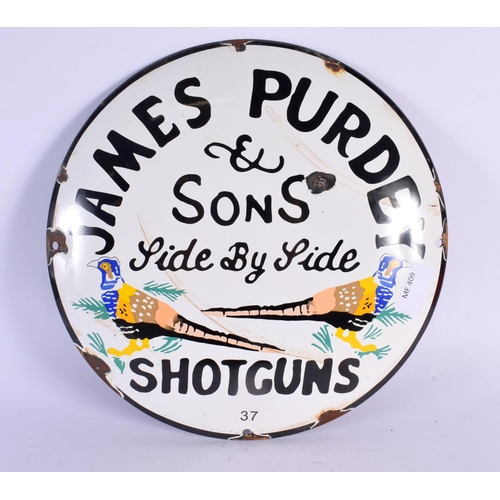 501 - A CONTEMPORARY JAMES PURDY SHOTGUNS ENAMEL SIGN. 30 cm diameter.