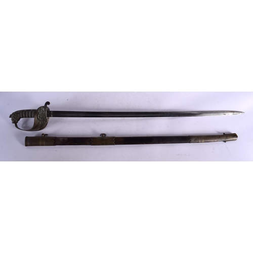 512 - AN ANTIQUE ENGLISH SHAGREEN HANDLED NAVAL SWORD. 90 cm long.