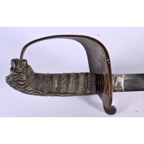 512 - AN ANTIQUE ENGLISH SHAGREEN HANDLED NAVAL SWORD. 90 cm long.