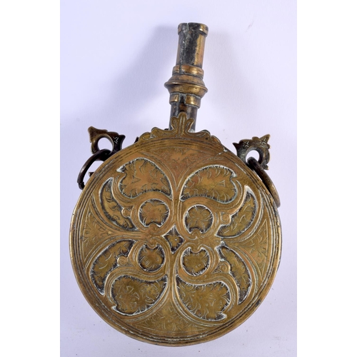 527 - AN 18TH/19TH CENTURY TURKISH OTTOMAN BRASS POWDER FLASK decorated with motifs. 18 cm x 11 cm.