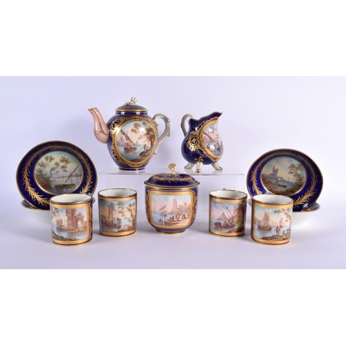 53 - A FINE 19TH CENTURY FRENCH SEVRES PORCELAIN TEASET painted with landscapes and sea scapes upon a ric... 