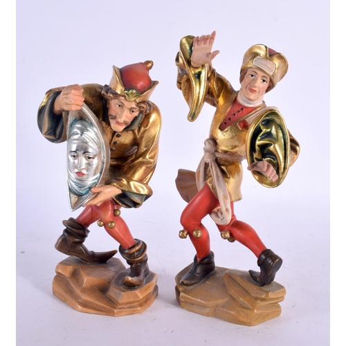 530 - A PAIR OF VINTAGE ITALIAN POLYCHROMED WOOD FIGURES modelled as dancers. 18 cm high.