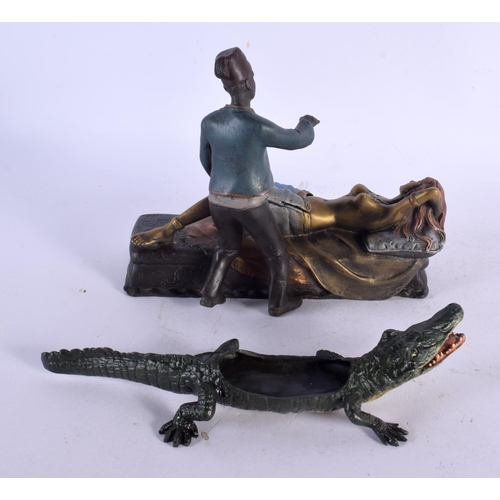 534 - A COLD PAINTED EROTIC FIGURAL GROUP together with a cold painted bronze crocodile. Largest 18 cm x 1... 