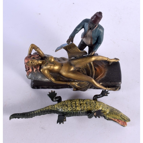 534 - A COLD PAINTED EROTIC FIGURAL GROUP together with a cold painted bronze crocodile. Largest 18 cm x 1... 