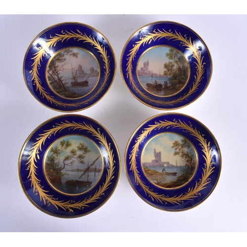 53 - A FINE 19TH CENTURY FRENCH SEVRES PORCELAIN TEASET painted with landscapes and sea scapes upon a ric... 