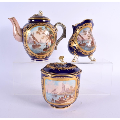 53 - A FINE 19TH CENTURY FRENCH SEVRES PORCELAIN TEASET painted with landscapes and sea scapes upon a ric... 