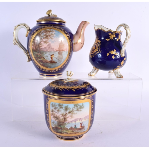 53 - A FINE 19TH CENTURY FRENCH SEVRES PORCELAIN TEASET painted with landscapes and sea scapes upon a ric... 