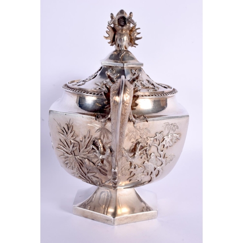 537 - A FINE 19TH CENTURY CHINESE EXPORT SILVER TEASET by Wang Hing, decorated with prunus and leaves and ... 