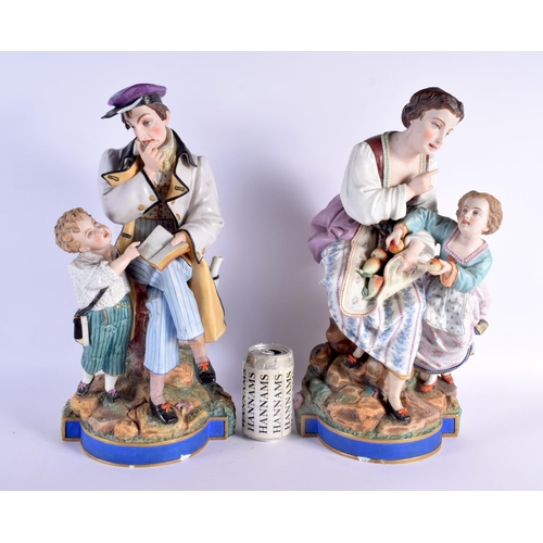 55 - A HUGE PAIR OF 19TH CENTURY FRENCH BISQUE PORCELAIN FIGURES modelled with children. 46 cm x 14 cm.