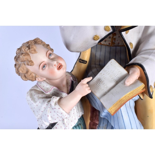 55 - A HUGE PAIR OF 19TH CENTURY FRENCH BISQUE PORCELAIN FIGURES modelled with children. 46 cm x 14 cm.