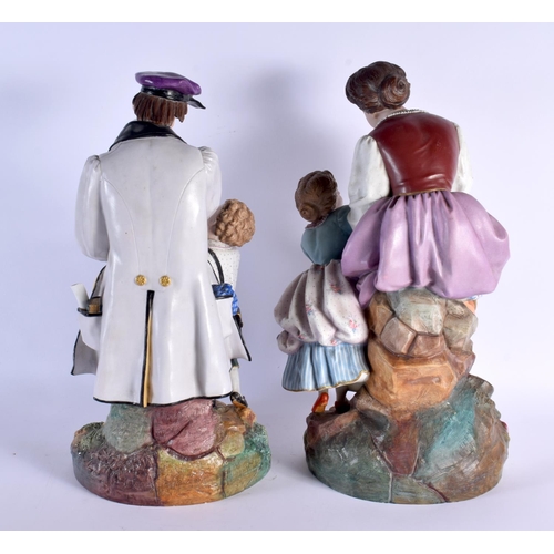 55 - A HUGE PAIR OF 19TH CENTURY FRENCH BISQUE PORCELAIN FIGURES modelled with children. 46 cm x 14 cm.