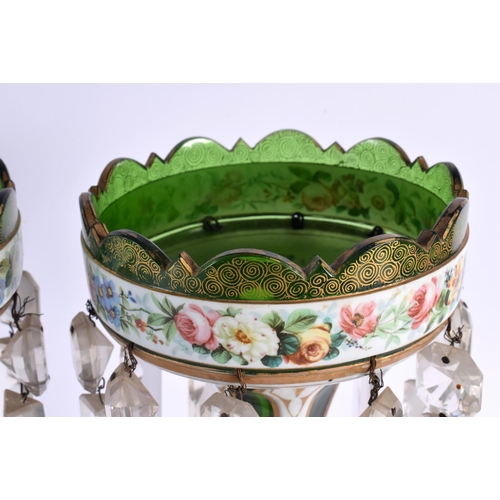 56 - A FINE PAIR OF 19TH CENTURY BOHEMIAN GREEN GLASS TABLE LUSTRES painted in gilt with foliage. 34 cm x... 