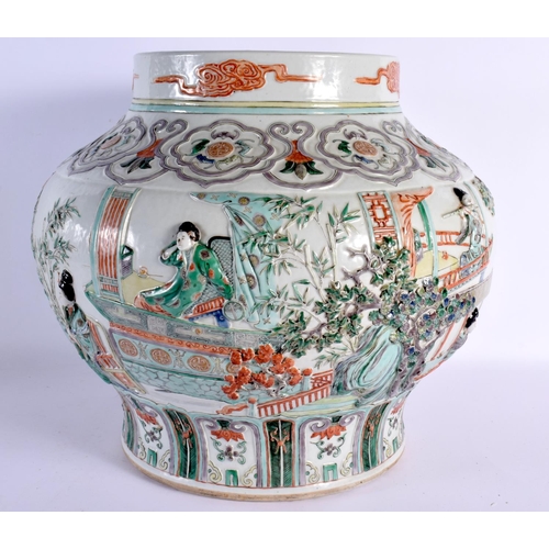 569 - A RARE LARGE CHINESE QING DYNASTY FAMILLE VERTE PORCELAIN GUAN JAR Kangxi style, decorated in relief... 