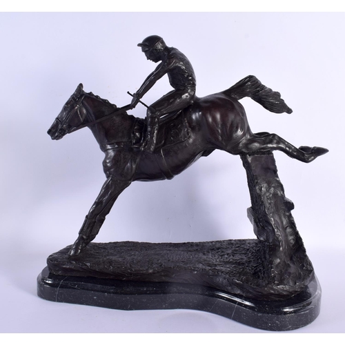 572 - A LARGE CONTEMPORARY BRONZE HORSE AND JOCKEY FIGURE. 34 cm x 28 cm.