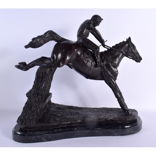 572 - A LARGE CONTEMPORARY BRONZE HORSE AND JOCKEY FIGURE. 34 cm x 28 cm.