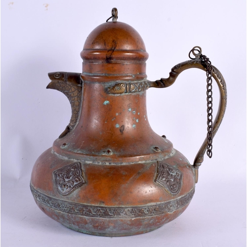 578 - AN ANTIQUE MIDDLE EASTERN MIXED METAL COFFEE POT. 18 cm x 14 cm.