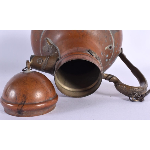 578 - AN ANTIQUE MIDDLE EASTERN MIXED METAL COFFEE POT. 18 cm x 14 cm.