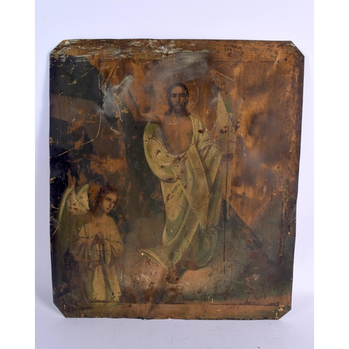 586 - AN EARLY RUSSIAN PAINTED TIN ICON painted with saints. 38 cm x 30 cm.