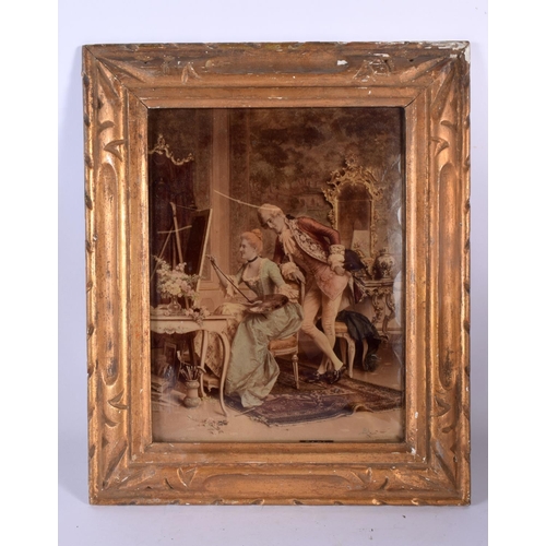 587 - AN ANTIQUE REVERSE PRINTED PICTURE ON GLASS depicting classical figures. 36 cm x 27 cm.