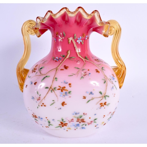 59 - AN ANTIQUE ENAMELLED PEACH BLOOM GLASS VASE. 15 cm x 10 cm.