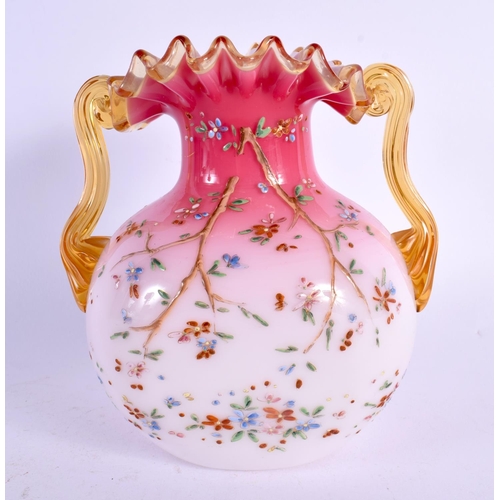 59 - AN ANTIQUE ENAMELLED PEACH BLOOM GLASS VASE. 15 cm x 10 cm.