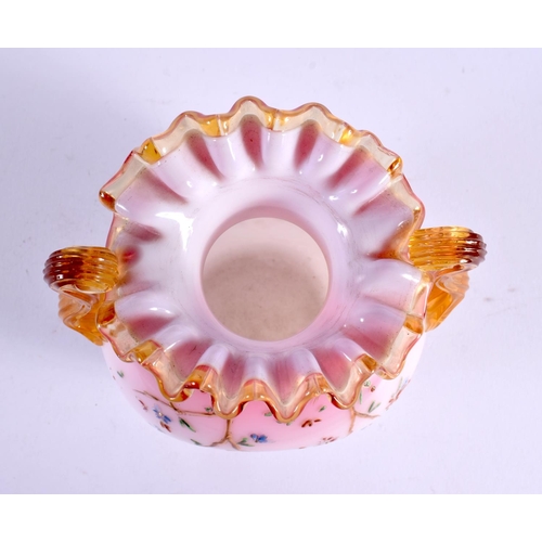 59 - AN ANTIQUE ENAMELLED PEACH BLOOM GLASS VASE. 15 cm x 10 cm.