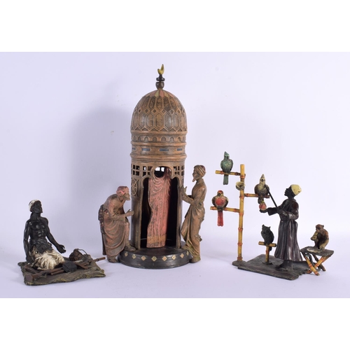 590 - THREE COLD PAINTED CONTINENTAL BRONZE FIGURAL GROUPS depicting Arabic males. Largest 31 cm x 15 cm. ... 