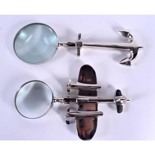 594 - TWO CONTEMPORARY MAGNIFYING GLASSES. Largest 30 cm x 10 cm. (2)