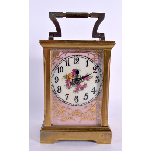 595 - A CONTEMPORARY SEVRES STYLE CARRIAGE CLOCK. 15 cm x 8 cm inc handle.