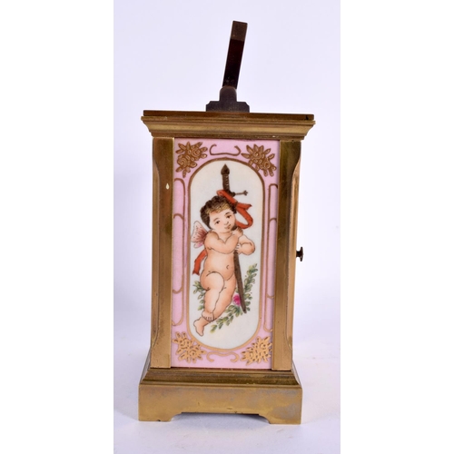 595 - A CONTEMPORARY SEVRES STYLE CARRIAGE CLOCK. 15 cm x 8 cm inc handle.