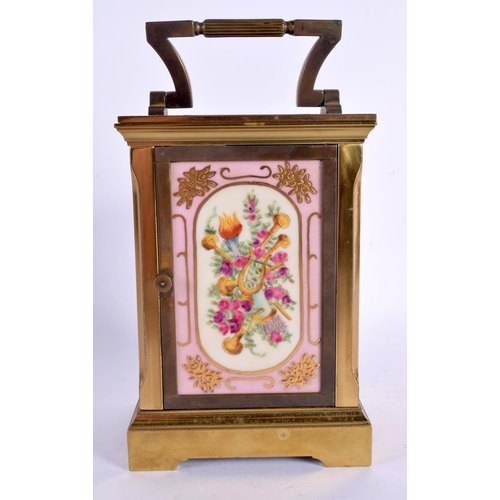 595 - A CONTEMPORARY SEVRES STYLE CARRIAGE CLOCK. 15 cm x 8 cm inc handle.