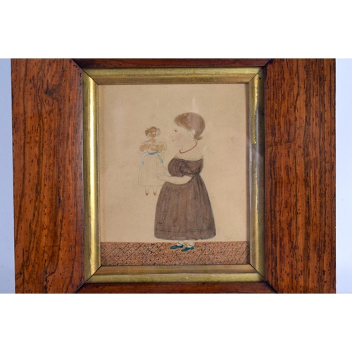 603 - English School (C1830) Watercolour, girl with doll. 20 cm x 18 cm.