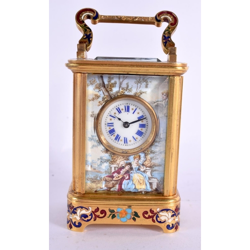 609 - A FINE LATE 19TH CENTURY FRENCH ENAMELLED MINIATURE BRASS CARRIAGE CLOCK inset with enamelled panels... 