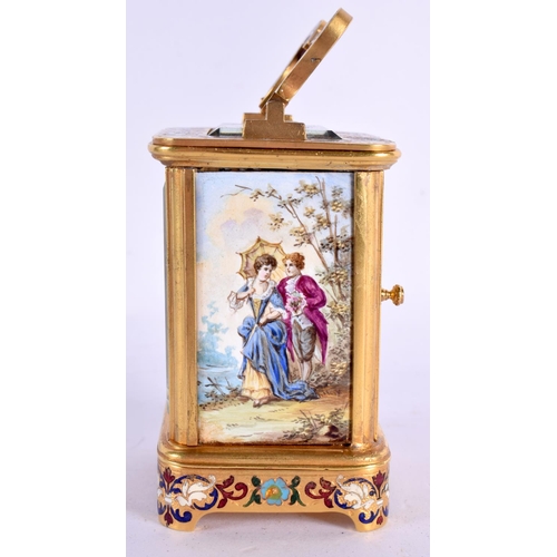 609 - A FINE LATE 19TH CENTURY FRENCH ENAMELLED MINIATURE BRASS CARRIAGE CLOCK inset with enamelled panels... 