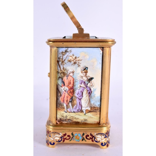 609 - A FINE LATE 19TH CENTURY FRENCH ENAMELLED MINIATURE BRASS CARRIAGE CLOCK inset with enamelled panels... 