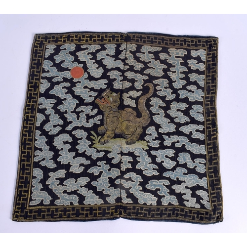 619 - A FINE PAIR OF 18TH CENTURY CHINESE KESI SILK BADGES depicting scowling cats amongst clouds and cora... 