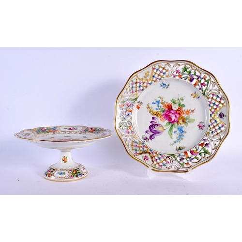 63 - A DRESDEN PORCELAIN PLATE together with a matching comport. Largest 22 cm wide. (2)