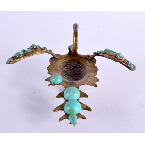 635 - TWO ANTIQUE MINIATURE INDIAN BRONZE DEITIES together with a turquoise inset swan. Largest 14 cm x 7 ... 