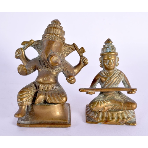 635 - TWO ANTIQUE MINIATURE INDIAN BRONZE DEITIES together with a turquoise inset swan. Largest 14 cm x 7 ... 