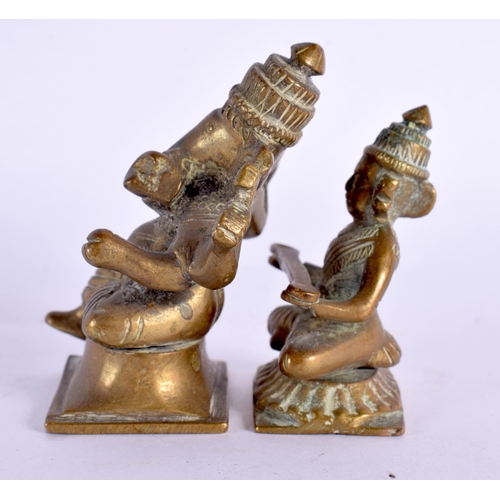 635 - TWO ANTIQUE MINIATURE INDIAN BRONZE DEITIES together with a turquoise inset swan. Largest 14 cm x 7 ... 