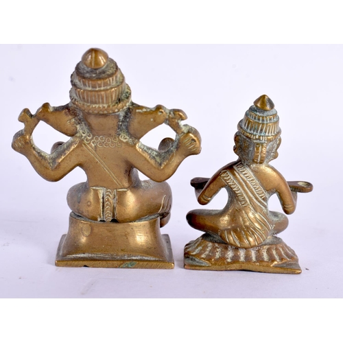 635 - TWO ANTIQUE MINIATURE INDIAN BRONZE DEITIES together with a turquoise inset swan. Largest 14 cm x 7 ... 