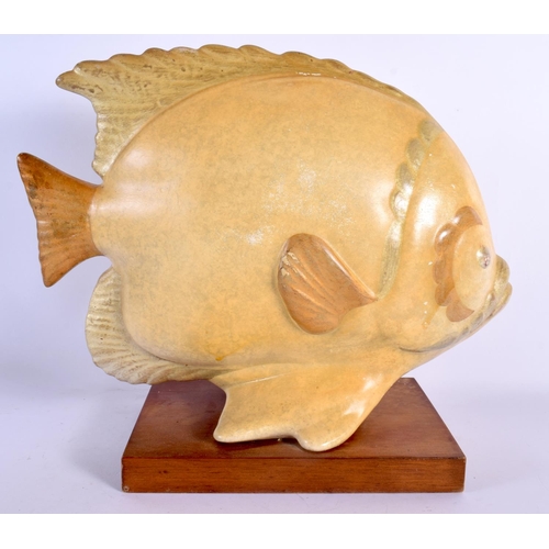 640 - A LARGE CONTINENTAL PORCELAIN FIGURE OF A FISH upon a wooden base. 34 cm x 30 cm.