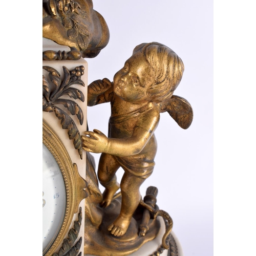 649 - A LARGE 19TH CENTURY FRENCH BRONZE AND WHITE MARBLE MANTEL CLOCK formed with figures and putti. 44 c... 