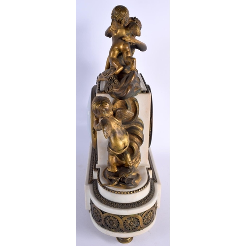 649 - A LARGE 19TH CENTURY FRENCH BRONZE AND WHITE MARBLE MANTEL CLOCK formed with figures and putti. 44 c... 