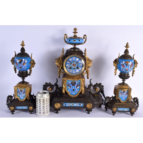 650 - A LARGE 19TH CENTURY FRENCH BRONZE AND PORCELAIN CLOCK GARNITURE painted with motifs. Mantel 42 cm x... 