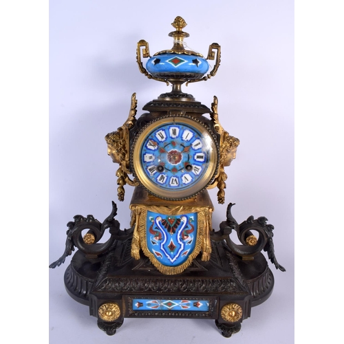 650 - A LARGE 19TH CENTURY FRENCH BRONZE AND PORCELAIN CLOCK GARNITURE painted with motifs. Mantel 42 cm x... 