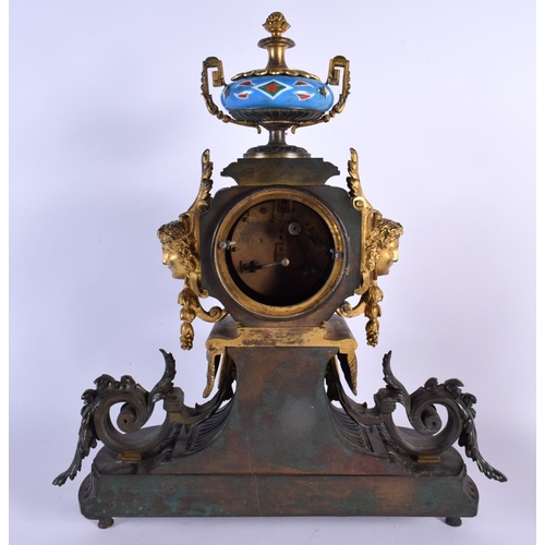 650 - A LARGE 19TH CENTURY FRENCH BRONZE AND PORCELAIN CLOCK GARNITURE painted with motifs. Mantel 42 cm x... 