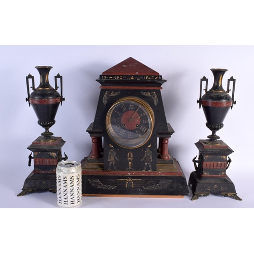 653 - A LARGE 19TH CENTURY FRENCH EGYPTIAN REVIVAL MARBLE CLOCK SET decorated with figures. Mantel 42 cm x... 