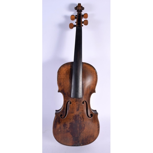 654 - AN ANTIQUE SINGLE PIECE BACK VIOLIN. 59 cm long, length of back 37 cm.